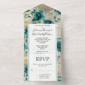 Romantische Aquamarine Grün-Champagner-Rose Blumen All In One Einladung (Innen Boden)