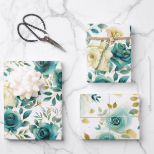 Romantische Aquamarine grüne Creme Rose Blumen Geschenkpapier Set