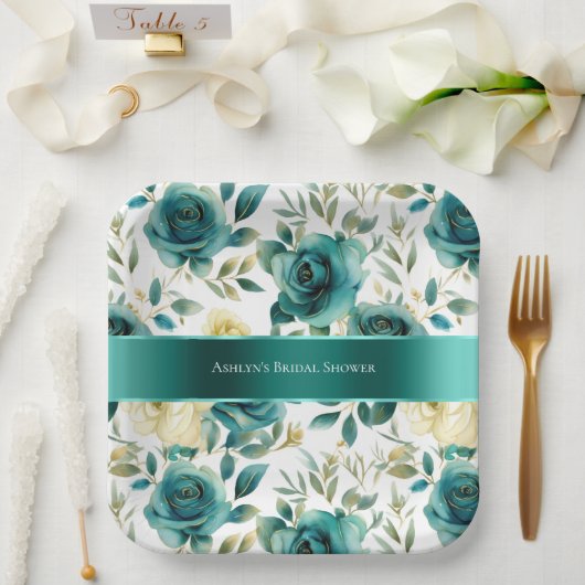 Romantische Aquamarine grüne Creme Rose Blumen Pappteller (Hochzeit)