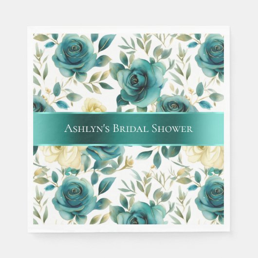 Romantische Aquamarine grüne Creme Rose Blumen Serviette (Vorderseite)