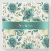 Romantische Aquamarine grüne Creme Rose Blumen Steinuntersetzer (Vorderseite)