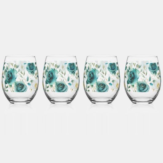 Romantische Aquamarine grüne Creme Rose Blumen Weinglas Ohne Stiel (Vorderseite)