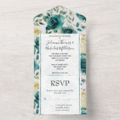 Romantische Aquamarine Grüne Creme Rose Blumenhoch All In One Einladung (Innen Boden)