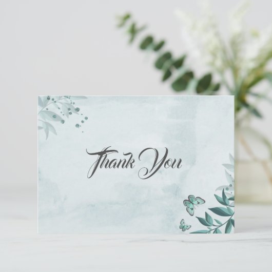 Romantische aquamarine Schmetterlinge Blätter bota Dankeskarte (Stehend Vorderseite)