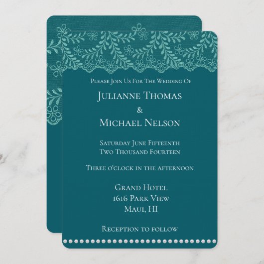 Romantische Aquamarine Spitzenblütenhochzeit Einladung (Vorne/Hinten)