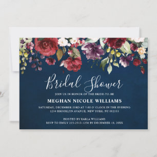 Romantische Aquarell-Burgunderrot-Navy-Rosen-Blume Einladung