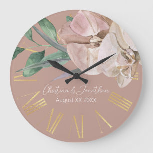 Romantische Aquarell-Orchideen auf staubrosa Hinte Große Wanduhr