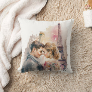 Romantische Aquarell-Paare in Paris Kissen
