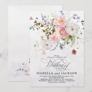 Romantische Aquarell-Rosa- und Weißblumen-Hochzeit Einladung
