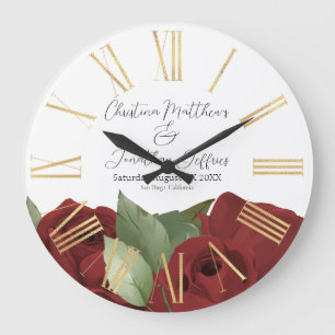 Romantische Aquarell-Rosen auf Weiß Große Wanduhr