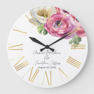 Romantische Aquarell Weiße und Rosa Ranunkeln Große Wanduhr