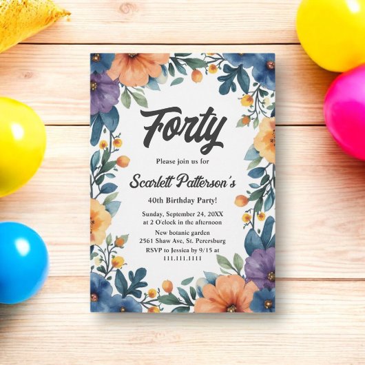Romantische Aquarellblume Sommer 40. Geburtstag Einladung