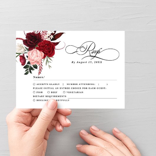 Romantische Aquarellfarbe Burgund Floral Wedding R RSVP Karte