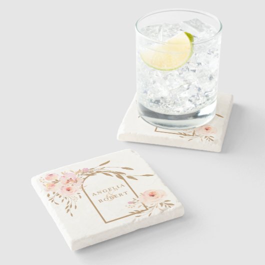 Romantische Aquarellfarben Rosa Blush Gold Rose Steinuntersetzer (Seitenansicht)