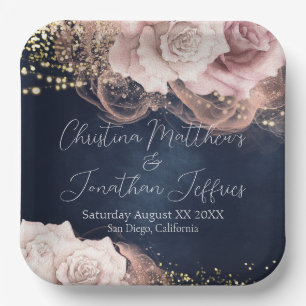 Romantische Aquarellfarben-Rose auf Moody Blue Wed Pappteller