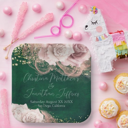 Romantische Aquarellfarben-Rose auf Smaragdgrüner Pappteller (Party)