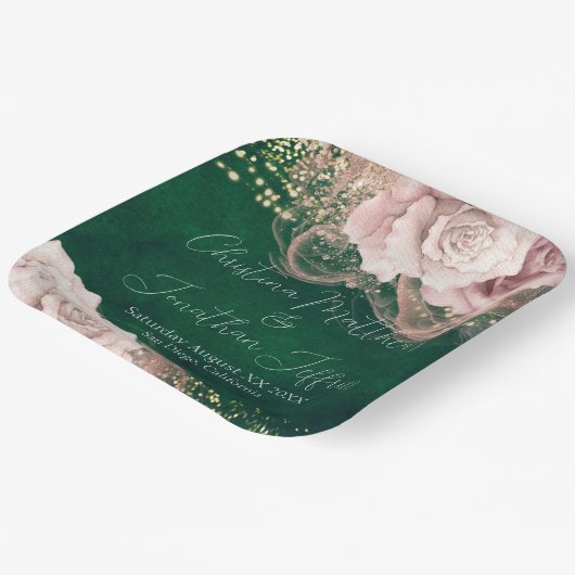 Romantische Aquarellfarben-Rose auf Smaragdgrüner Pappteller (Gewinkelt)