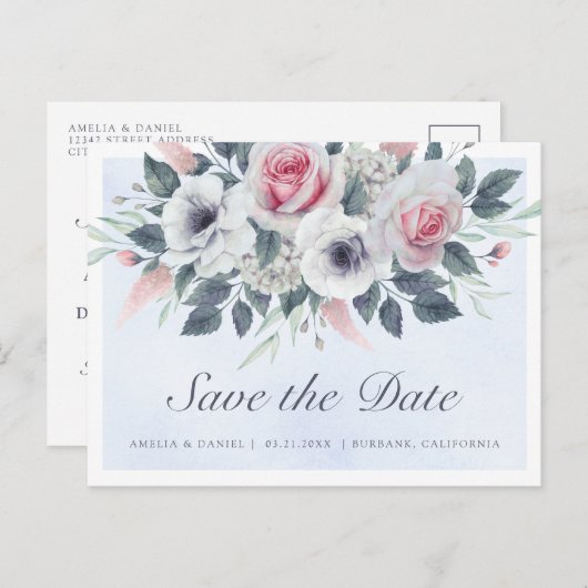 Romantische Aquarellfarben - Rose Save the Date he Ankündigungspostkarte (Vorne/Hinten)