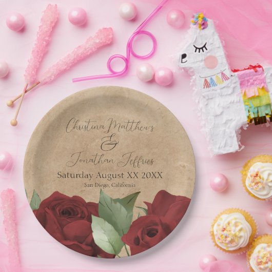 Romantische Aquarellfarben-Rote Rosen auf rustikal Pappteller (Party)