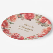 Romantische Aquarellfarben-Rote Rosen Blumenhochze Pappteller (Schrägansicht)