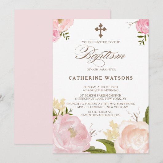 Romantische Aquarellfarben und Kreuztaufe Einladung (Vorne/Hinten)