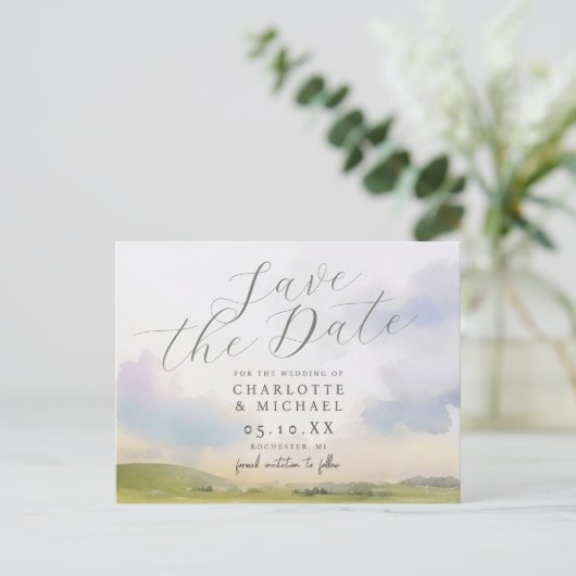 Romantische Aquarelllandschaft Save the Date Postkarte (Stehend Vorderseite)