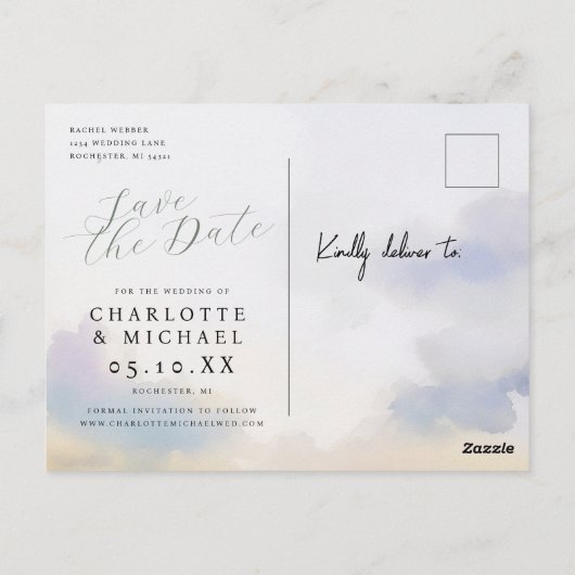 Romantische Aquarelllandschaft Save the Date Postkarte (Rückseite)