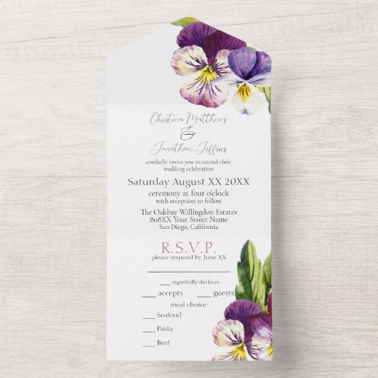 Romantische Aquarellviolen All In One Einladung (Innen Boden)