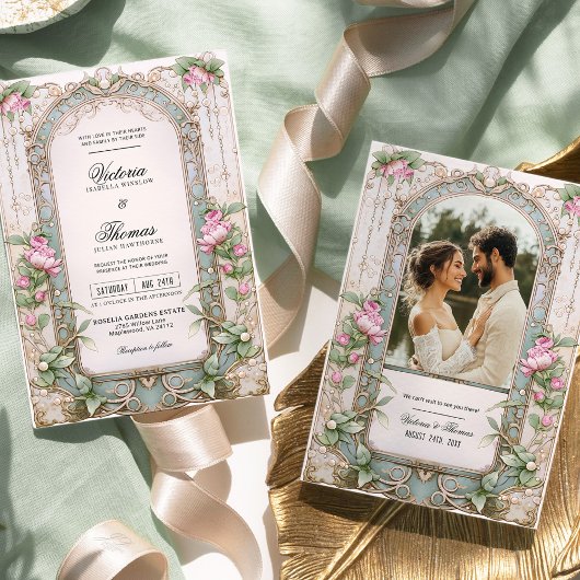 Romantische Art Nouveau Pink Peony Hochzeit Einlad Einladung