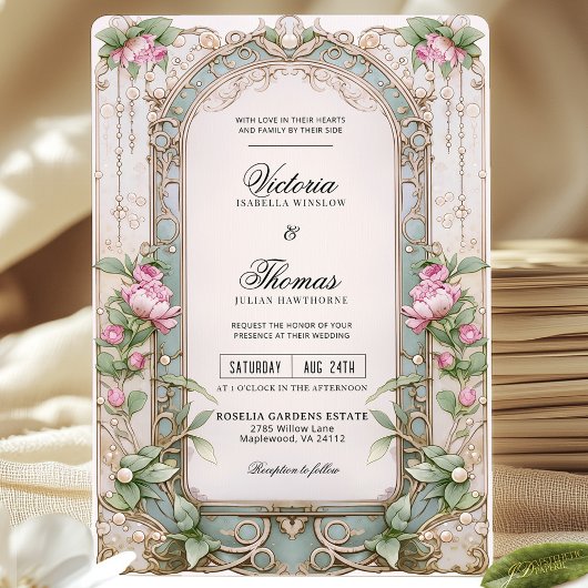 Romantische Art Nouveau Pink Peony Hochzeit Einlad Einladung