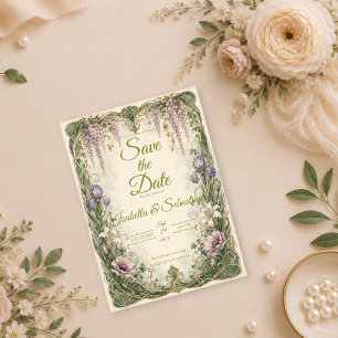 Romantische Art Nouveau Wisteria-Gartenhochzeit Save The Date