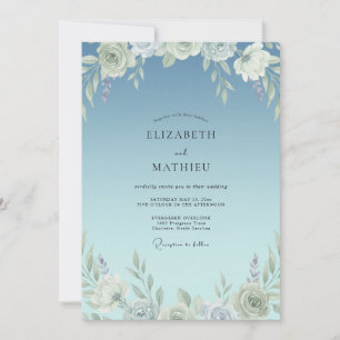 Romantische Azurblaue Gemalte-Blatt-Hochzeit Einladung