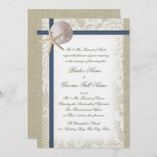 Romantische Beach Burlap und Lace Navy Blue Einladung (Vorne/Hinten)