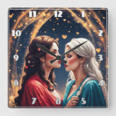 Romantische Begegnung zwischen zwei eleganten Frau Quadratische Wanduhr (Vorderseite)