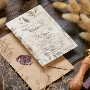 Romantische Beige Peonies Vintage Hochzeit im Herb Einladung