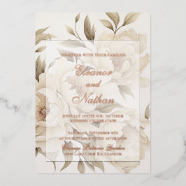 Romantische Beige Peonies Vintage Hochzeit im Herb Folieneinladung