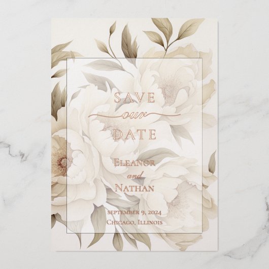 Romantische Beige Peonies Vintage Hochzeit im Herb Folieneinladung (Vorderseite)
