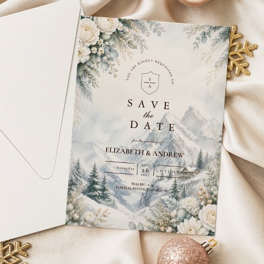 Romantische Bergwinterhochzeit Save The Date