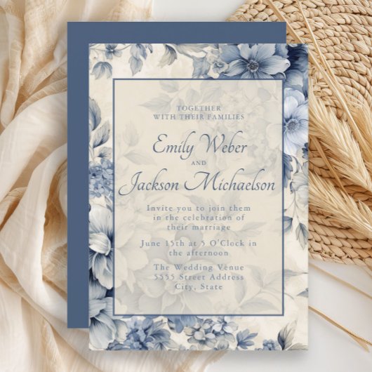 Romantische Blaucreme Vintage Blumenhochzeit Einladung