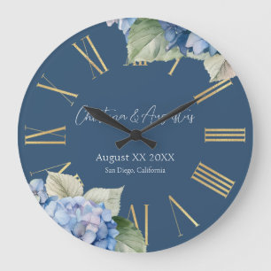 Romantische blaue Aquarell-Hortensienblüten auf Na Große Wanduhr