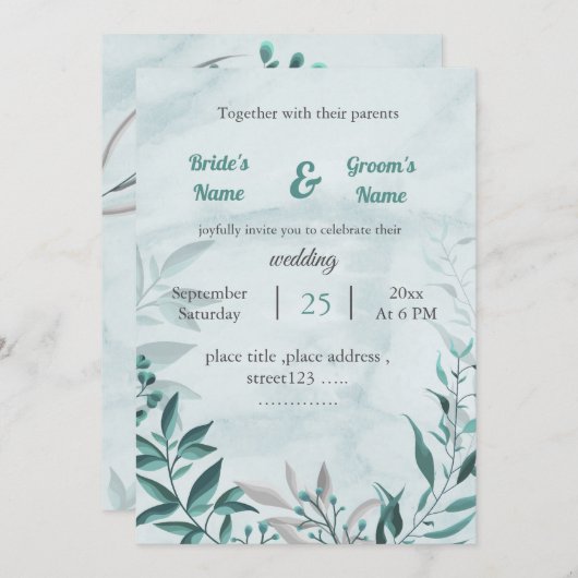 Romantische blaue Blätter Blumen Hochzeit Einladun Einladung (Vorne/Hinten)