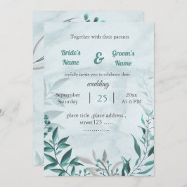 Romantische blaue Blätter Blumen Hochzeit Einladun Einladung