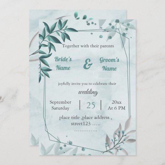 romantische blaue Blätter Blumenzwiebelhochzeit Einladung (Vorne/Hinten)