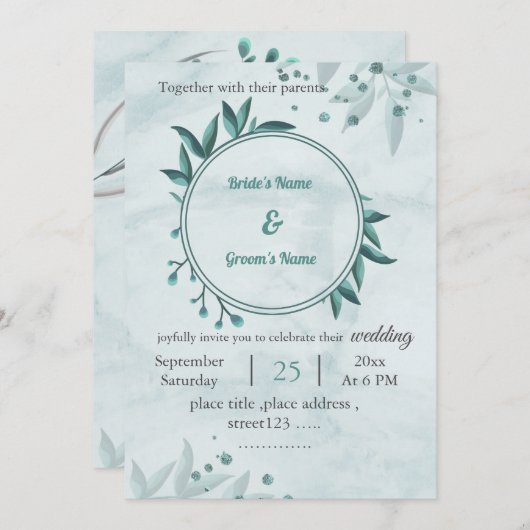 romantische blaue Blätter Blumenzwiebelhochzeit Einladung (Vorne/Hinten)