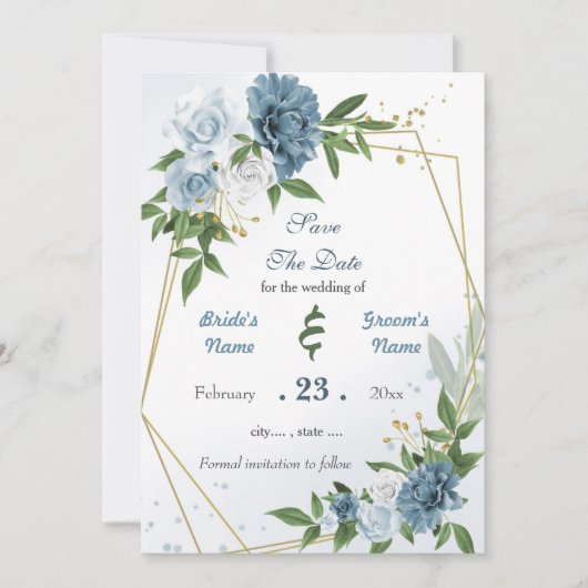 Romantische blaue Blume, goldfarben Save The Date (Vorderseite)