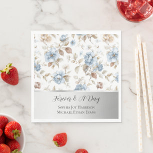 Romantische blaue Blumen braune Blätter silberne H Serviette