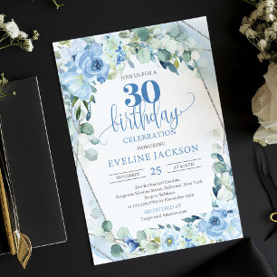 Romantische blaue Blumen Eukalyptus und Silber 30. Einladung
