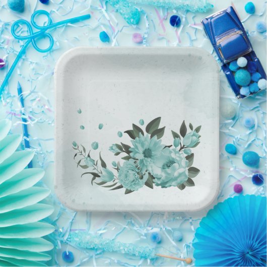 romantische blaue Blumen & grüne Blätter Pappteller (Party)