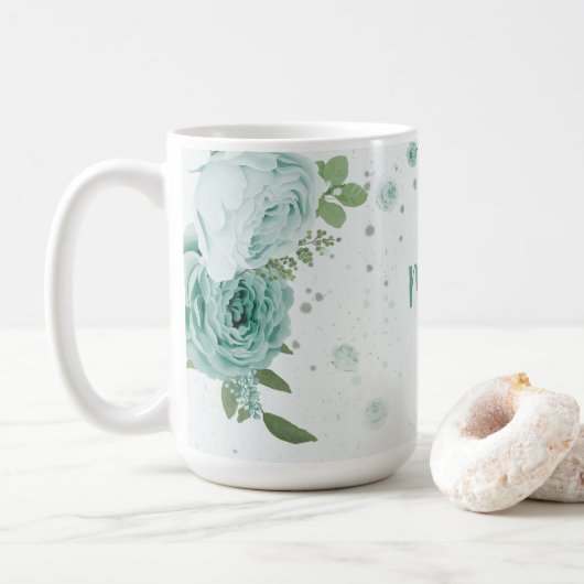 romantische blaue Blumen grüne Tasse (Mit Donut)