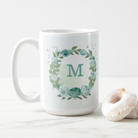 romantische blaue Blumen grüne Tasse (Mit Donut)